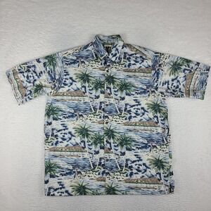 GO Barefoot Shirt Mens Large Blue Green Island‎ Graphic Print Hawaiian Button Up